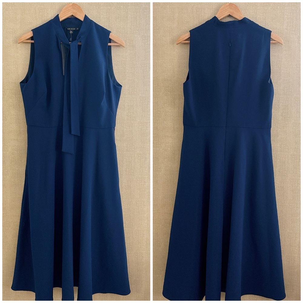 Black Halo Carolina Dress 14 Blue Career Sleeveless Modern Tie Neck Midi Length - Picture 15 of 16